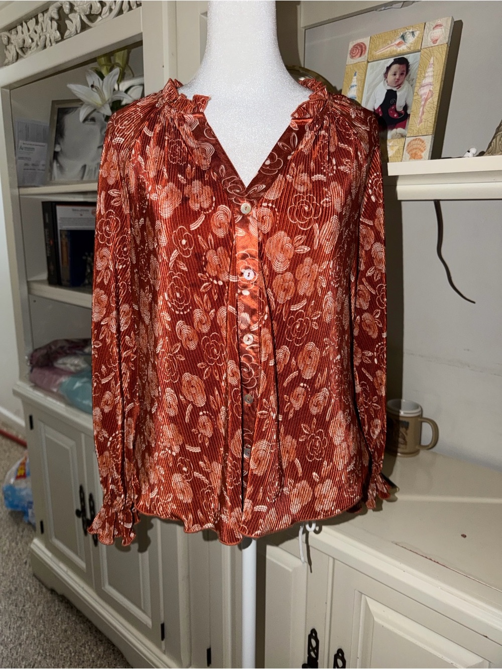 Chenault Burnt Orange Floral Ruffled Button-Up Blouse